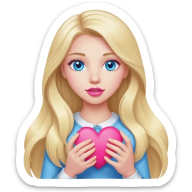 A realistic blonde with long hair and blue eyes and pink lips holds a heart in her hand sticker