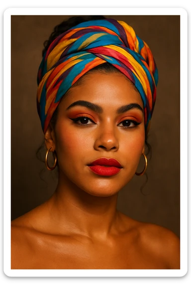 a tanned skin woman with a colorful headscarf and bold makeup, confident expression sticker