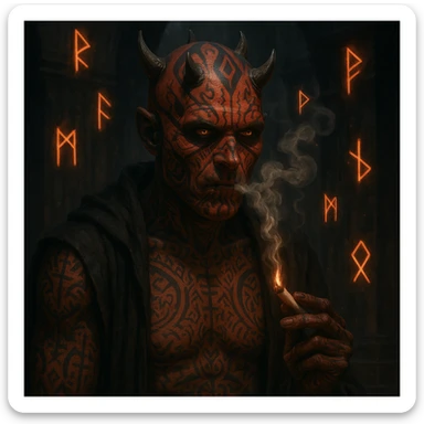 an ancient sith lord with mystical tattoos, smoking a joint, surrounded by floating runes, dark temple setting sticker