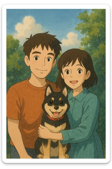 couple with pet posing for photo sticker