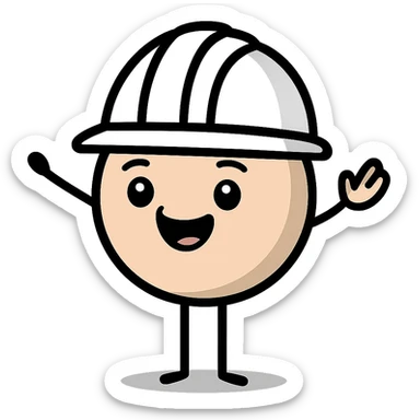 A cute circle character with white hard hat and stick arms and feet, emoji style, more emoji facial expression sticker