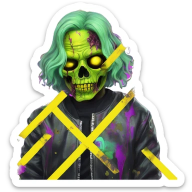 .Zombie_ Vaporwave black holographic oilslick zombie , _vaping_ .vape_ unicorn smoking, yellow caution tape  sticker