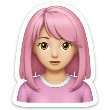 Uma garota de cabelos castanhos escovados médios, side bangs jogada para a direita, uma blusa branca estilo anos 2000 com detalhes em renda óculos com armação douradas e lábios rosados sticker