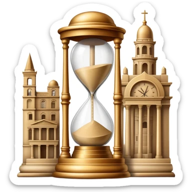 icon featuring ancient scrolls, quill pen with famous historical landmarks and monuments in the background. Large, antique sand clocks with sand pouring out represent the passage of time. Historical figures are depicted as statues. Transparent background. sticker