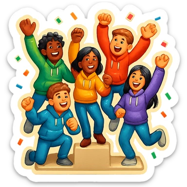 Change to a different pose and add confetti. Keep the group of five multi-racial people on a winners’ podium, no numbers, all in jeans and hoodies, excited, fun, expressive emoji style. sticker