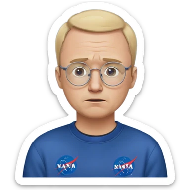 angry fat man, crying like a kid,  blond short and hight receding hairline, wearing a dark blue sweatshirt, nasa logo on the sweatshirt, round glasses without frame, 40 years old sticker