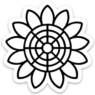 Edit the sunflower flower only (no stem or leaves) by changing the center to a different style while keeping the black and white outline style consistent. Maintain the outlined icon with no fill style and focus on the flower's center detail. sticker