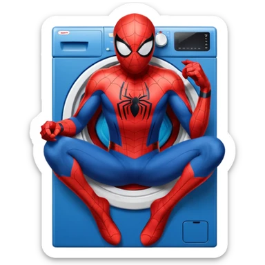 Die-cut sticker of Spider-Man sitting on a washing machine, bold vector art, thick white border, isolated on white background.with 4k resolution sticker