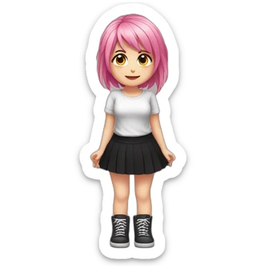 Full body Front view curvy emo girl pink hair sits on the floor straight view hands up black skirt белые трусики полосатые рваные чулки sticker