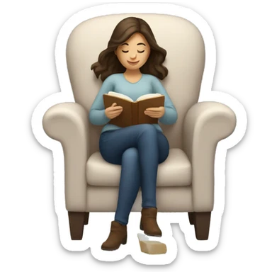 brunette white woman reading a book in a cozy chair sticker