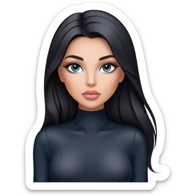 Glamours, tanned, very beautiful girl, with big pump peach-beige-rose lips, long long lashes, black straight smooth silky long hair, straight parting hair, blue-grey eyes in black long-sleeves bodysuit sticker