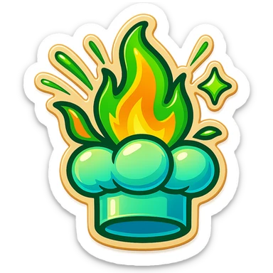 chef's hat explode with trails of fires, emoji, playful, magic flame green gradient, vibrant, flame matching style reference file sticker