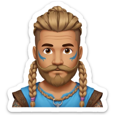 big lose braids starting from the top sides of the head hair like a unicorn man with mustache face wiith big visible loose only two braids and lots and lots of colored face tattoos colored tattoos like a tattoo artist hair unique color and beard viking  sticker