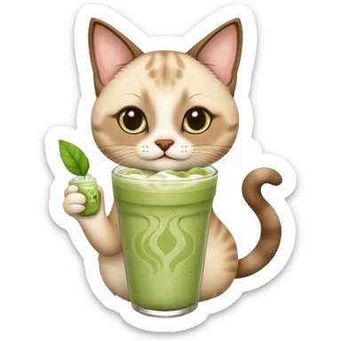 Happy Siamese Cat holding in its paws an iced matcha latte sticker