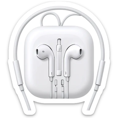 White Apple EarPods with cord coiled in a circle, white wired headphones neatly wrapped in circular shape, iOS style sticker