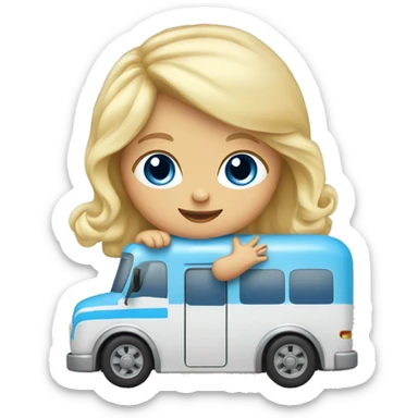 Blonde blue eyes baby playing with small toy bus sticker