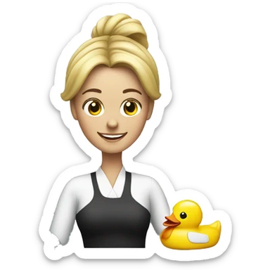 white woman happily holding a rubber duck  sticker