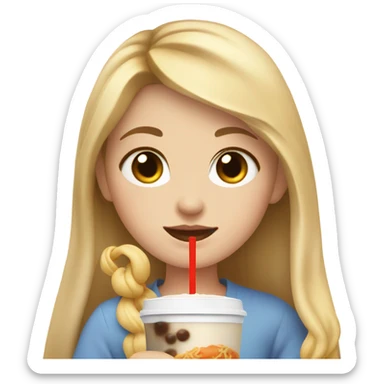  Blonde long hair girl eating Korean food and drinking boba sticker