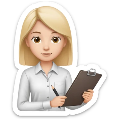 intern or volunteer holding a clipboard and pencil, ready to take notes or assist. The character wears a simple shirt and has an eager posture sticker