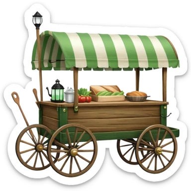 classic wooden carriage-style food wagon with four large wooden wheels, curved handles, green and white striped canopy, green flag with crossed fork and knife on the left, black lantern on the right, kitchenware inside sticker