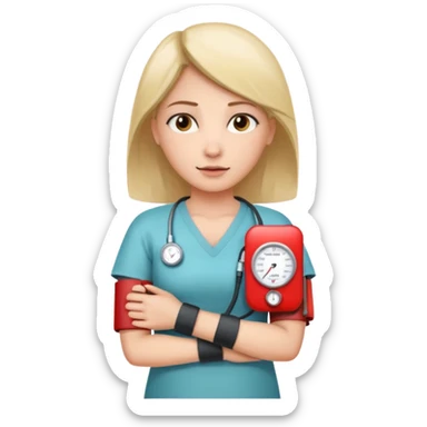 blood pressure cuff wrapped around upper arm with dial reading female patirent sticker