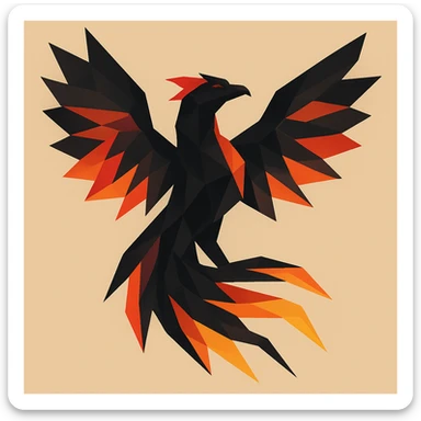Transform this polygonal phoenix into a dark phoenix: make the bird's body black, with shining, vivid flames in orange, red, and yellow. Keep the background as is. sticker