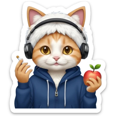 cat in headphones, in a dark-blue almost black oversized hoodie with a cigarette in his hand, more apple-like emoji  sticker