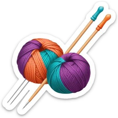 Knitting icon, knitting needles, colorful yarn, partially knitted fabric, minimalistic style, clean lines, transparent background. sticker