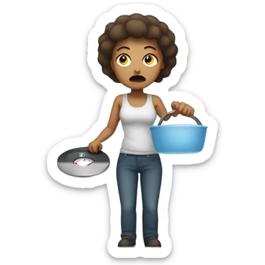 angry woman holding a bathroom scale sticker
