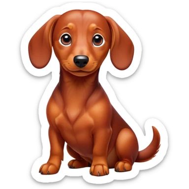 cinematic-[dachshund dog]-realistic-full-body-sitting-emoji,-tail-resting-loosely-beside-its-paws,-head-tilted-dramatically,-sleek-[red]-fur,-simplified-yet-realistic-focused-features,-highly-detailed,-glowing-with-an-almost-sarcastic-glow sticker