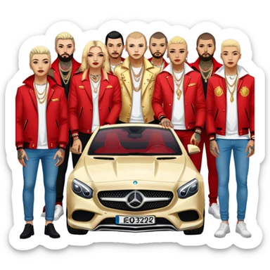 Icon for Chanson: Russian chanson singers with tattoos, red jackets, and gold chains, standing in front of a Mercedes. The design should capture the bold and stylish essence of the genre with a vibrant, urban background. Transparent background. sticker