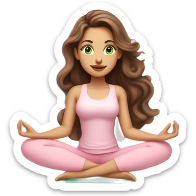 Brunette long curled hair and green eyes yoga beautiful girl in light pink clothes sitting on a yoga mat sticker