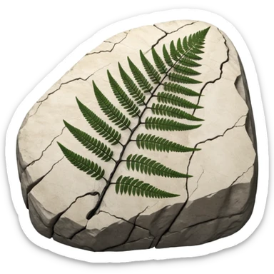 3D render of Fern Imprint, embedded in a chunk of rough sedimentary rock, cracked stone texture, ancient fossil aesthetic, black carbon imprint on a white limestone rock, matte dry finish, Apple emoji style, isolated on white background --v 6.0 sticker