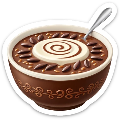 realistic emoji of champorado, detailed chocolate rice porridge in a bowl, visible rice grains, glossy chocolate texture, swirls of condensed milk on top, appetizing and true-to-life sticker
