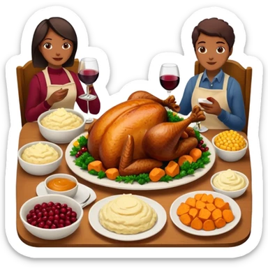 Thanksgiving Dinner with 6 friends of all different races around the table; have the food be a cooked turkey, mashed potatoes, corn, a basket of biscuits, a small bowl of cranberry sauce, baked yams, steamed vegetables, and a bottle of wine. sticker