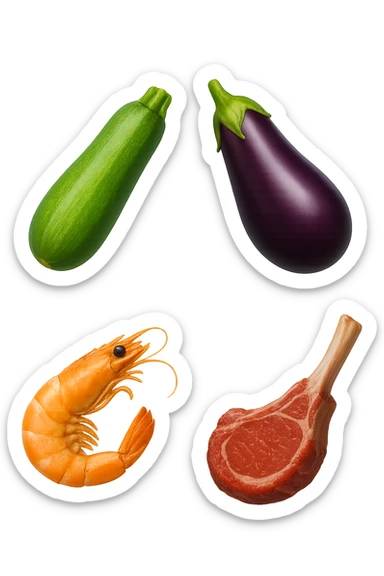 emoji stile iphone realistica zucchine, melanzane, gamberi, costoletta fluttuano in aria
IPERREALISTICO 4K sticker