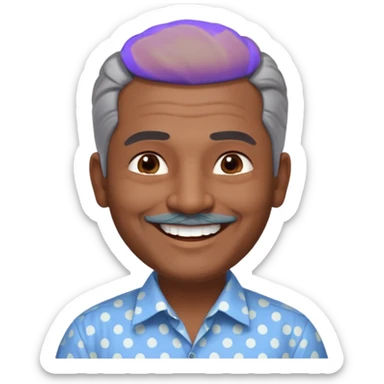 50 yr old indian man, dark skin, grey hair, big smile, white teeth, chubby, no moustache, clean shaven, young style hair, hair brushed back, 5 oclock shadow, dot on forehead, dress shirt sticker