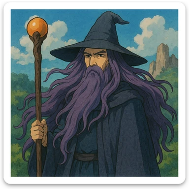 mysterious wizard with long flowing purple hair, holding a staff, fantasy illustration style sticker