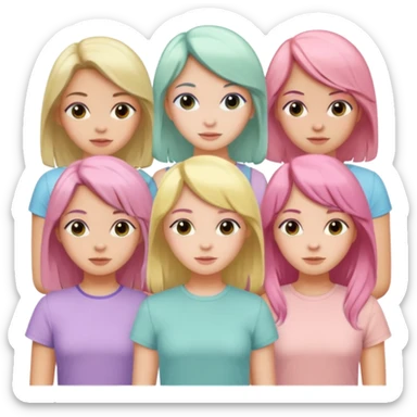 emoji of five girls together, each with a different hair color and pastel colored top, group portrait sticker