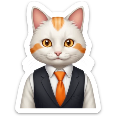 cat in white vest, orange tie sticker