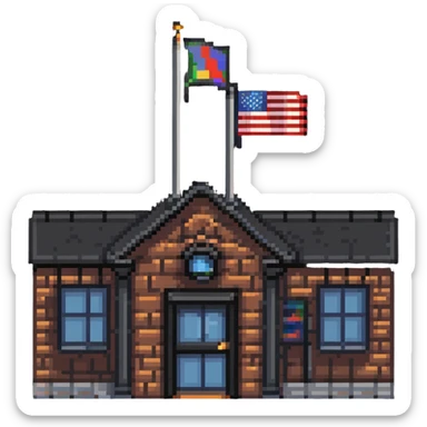 school building with classroom windows, entrance door, and flag pole sticker