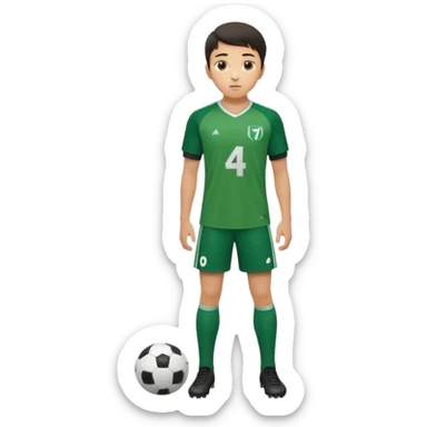 Apple iOS style 20-23 year old soccer player standing full body, green jersey #4, glossy finish sticker