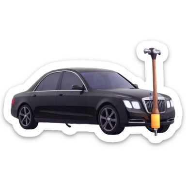 black luxury car with a visible dent, a hammer and a rod forming an X in the upper right part of the vehicle, reflection lamp illuminating the car, elegant and modern sticker
