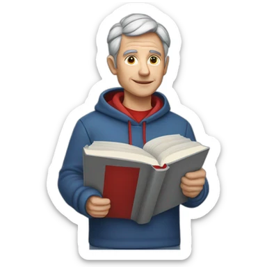 professor with very short grey hair and no beard at all that is wearing a red hoodie an is holding a white book with blue and red stripes on the top of the cover in his hand sticker