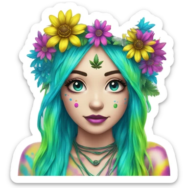 420 Tie dye hippie person flower crown tattoos hemp leaves metallic iridescent holographic blue cyan green pink yellow hazard stripes dark colours sticker