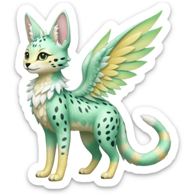 Epic complex detailed pastel minty green, pastel beige yellow pastel realistic aesthetic-scenic-Fakémon-Sprigatito-Floragato-Trico-Sergal-Serval-Vernid-creature (full body) with far wings, shiny sparkly fairycore theme  sticker