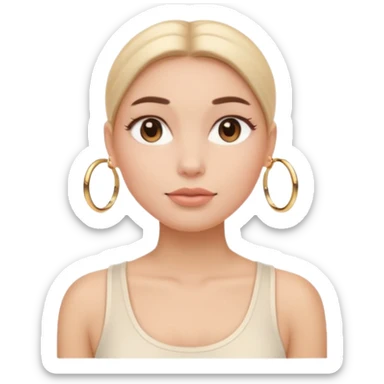 “Emoji girl, flawless skin, light peach blush, natural fluffy brows, glossy nude lips, sleek low bun, small gold hoops, minimalist white tank top.” sticker