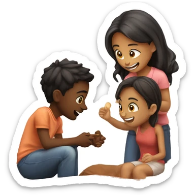 2 young people, oneboy and two girls, one couple is chatting while the other is playing a game, the overall atmosphere is warm and loving. sticker