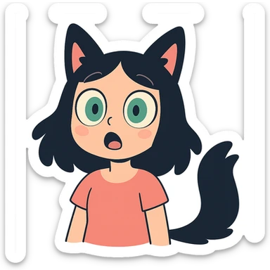 a surprised girl with huge green eyes, black fox ears, and a tail, dark hair sticker