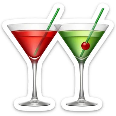 two realistic glasses of cocktail in emoji style, one is red color and one is green, martini glass shape, no straw, no fruit, no ice, no Cocktail sticks sticker